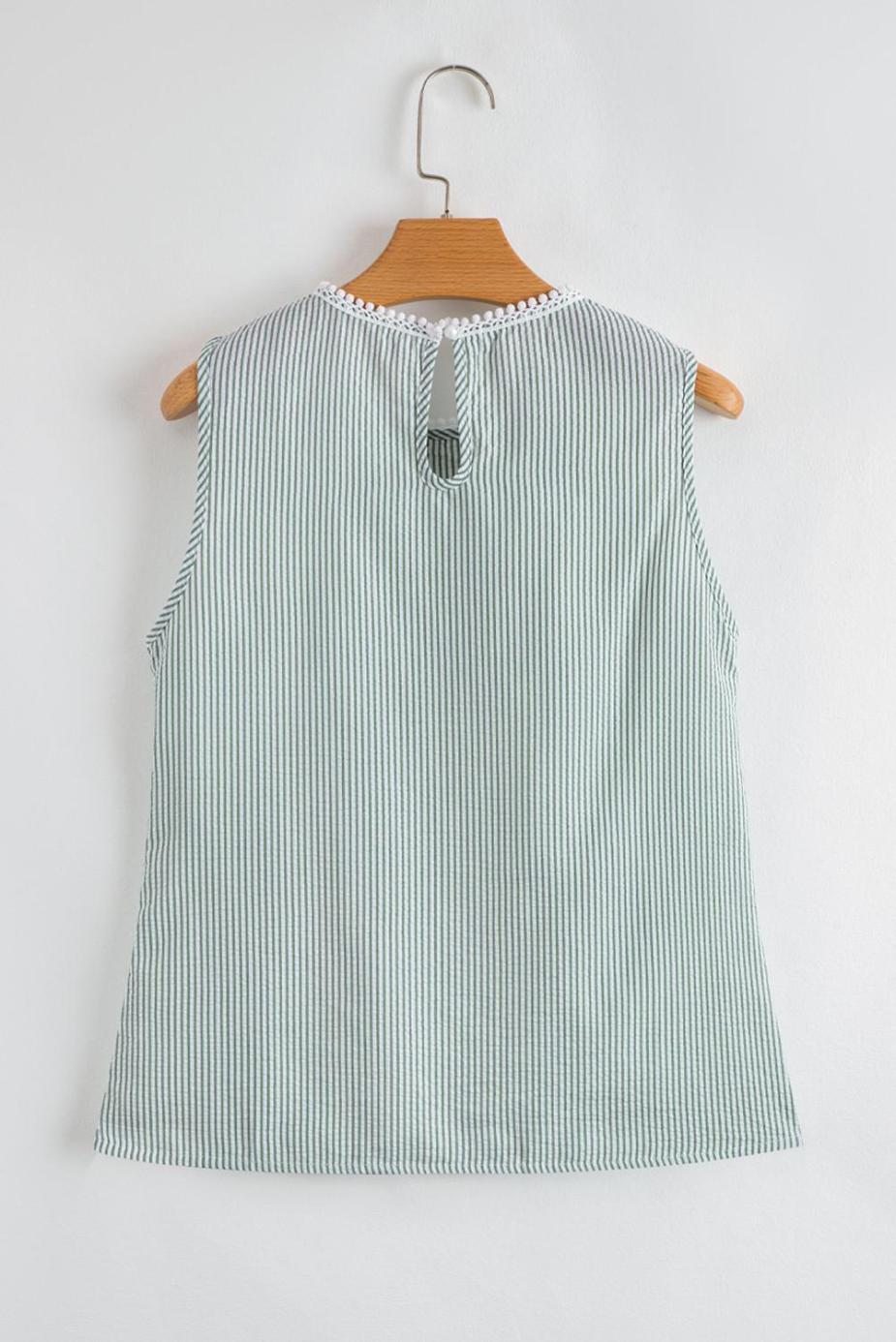 Sleeveless Tops | Green Stripe Lace Detail Crinkle Sleeveless Blouse - Women