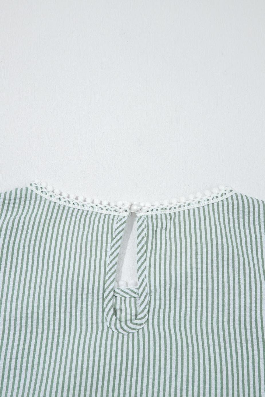 Sleeveless Tops | Green Stripe Lace Detail Crinkle Sleeveless Blouse - Women