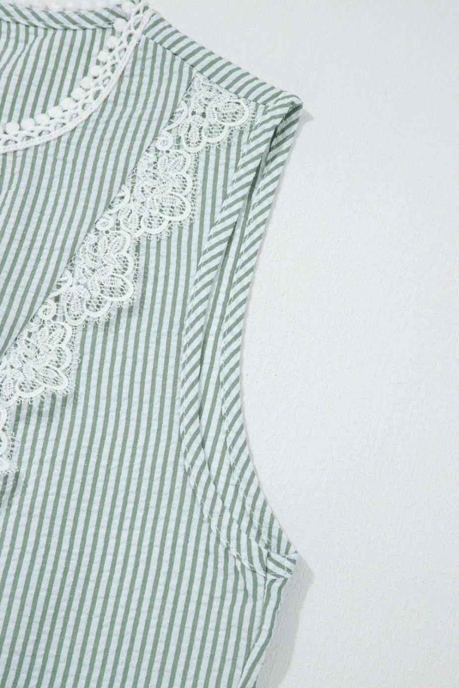 Sleeveless Tops | Green Stripe Lace Detail Crinkle Sleeveless Blouse - Women
