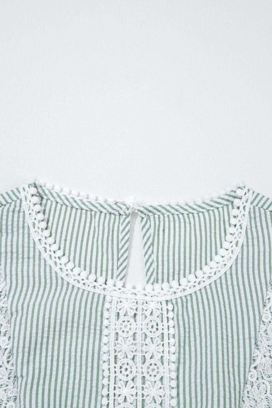 Sleeveless Tops | Green Stripe Lace Detail Crinkle Sleeveless Blouse - Women