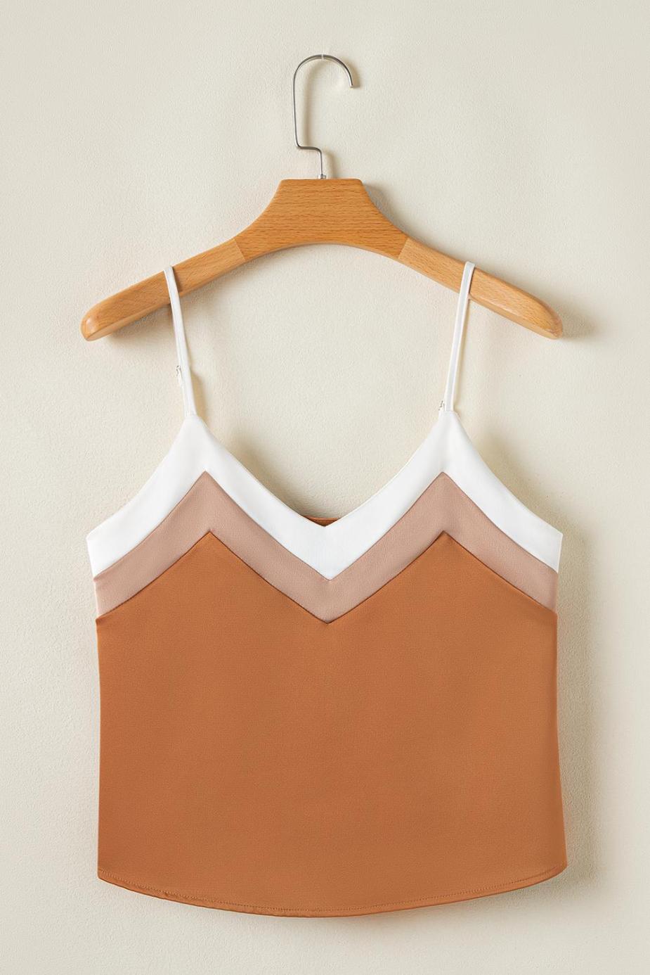 Sleeveless Tops | Khaki Chevron Color Block Spaghetti Straps Cami Top - Women