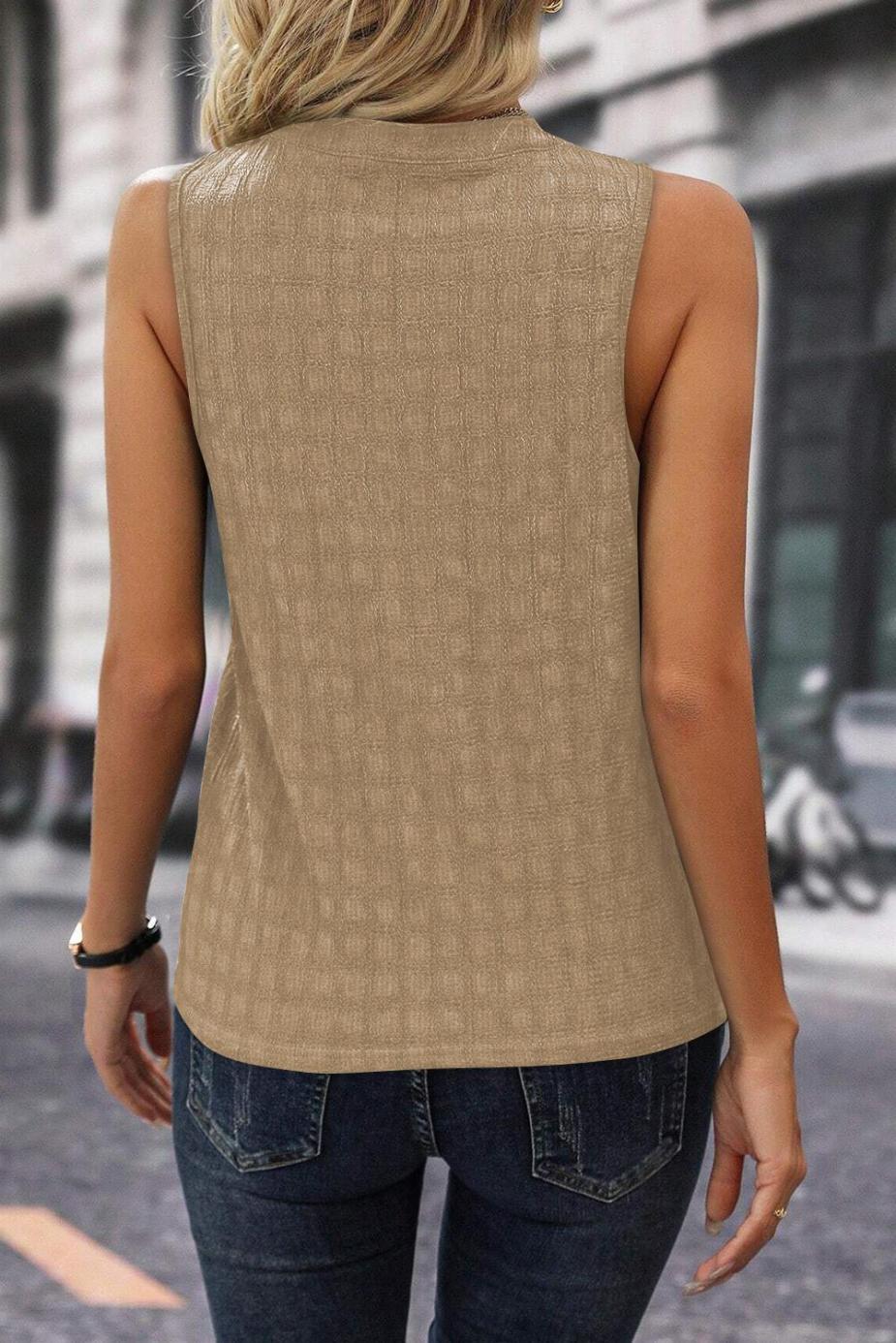 Sleeveless Tops | Light Beige Textured Split V Neck Sleeveless Shirt - Women
