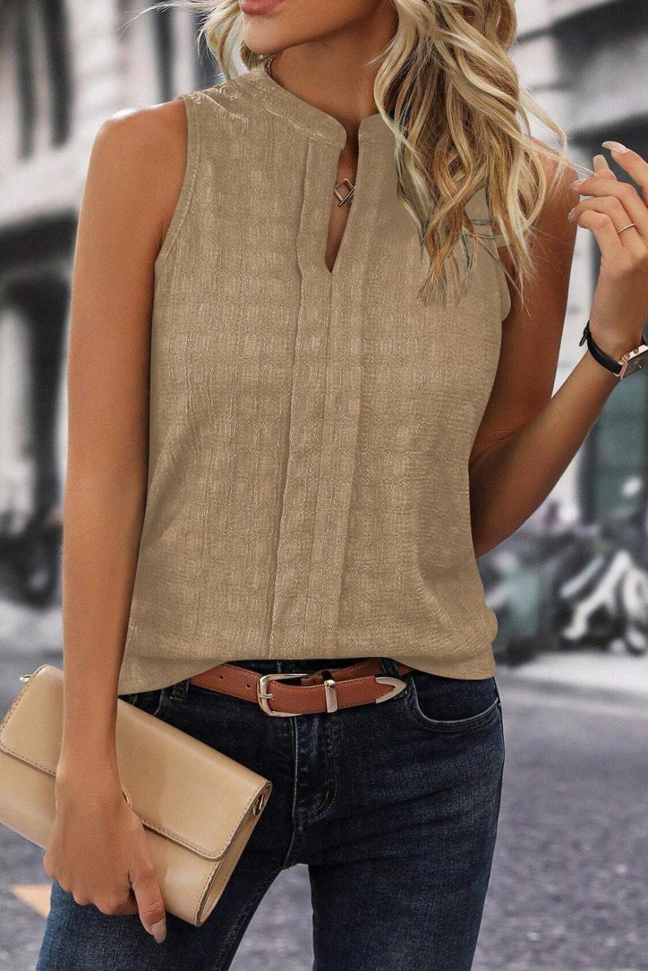 Sleeveless Tops | Light Beige Textured Split V Neck Sleeveless Shirt - Women