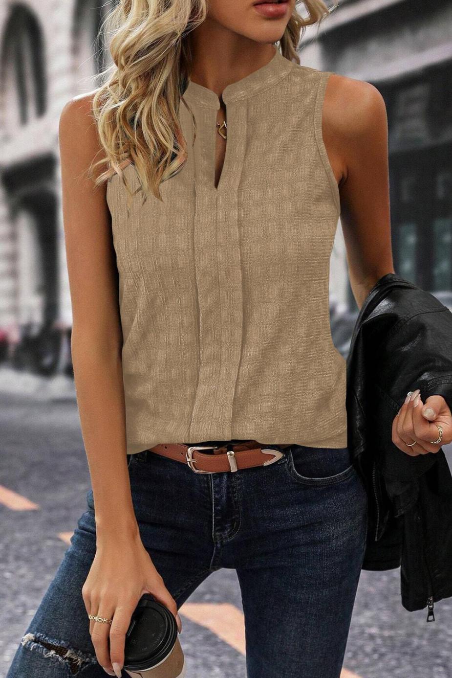 Sleeveless Tops | Light Beige Textured Split V Neck Sleeveless Shirt - Women