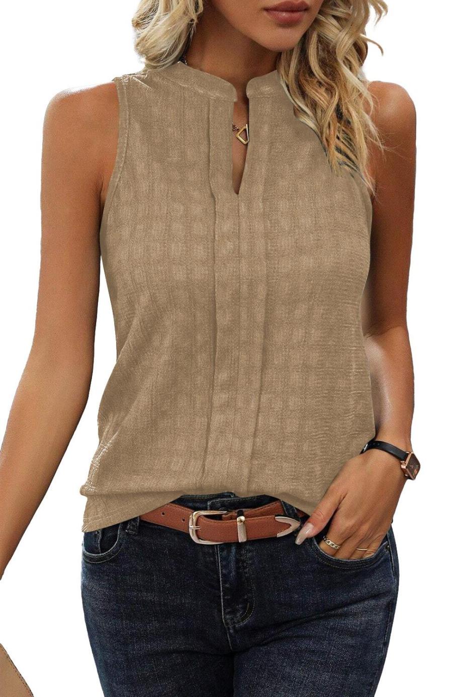 Sleeveless Tops | Light Beige Textured Split V Neck Sleeveless Shirt - Women