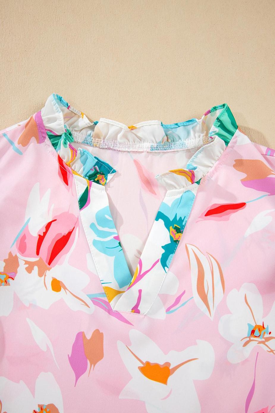 Sleeveless Tops | Multicolour Floral Patchwork Frill Notched Neck Ruffle Blouse - Women