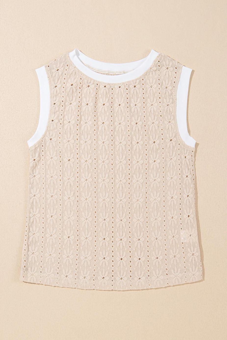 Sleeveless Tops | Oatmeal Floral Textured Crew Neck Sleeveless Top - Women