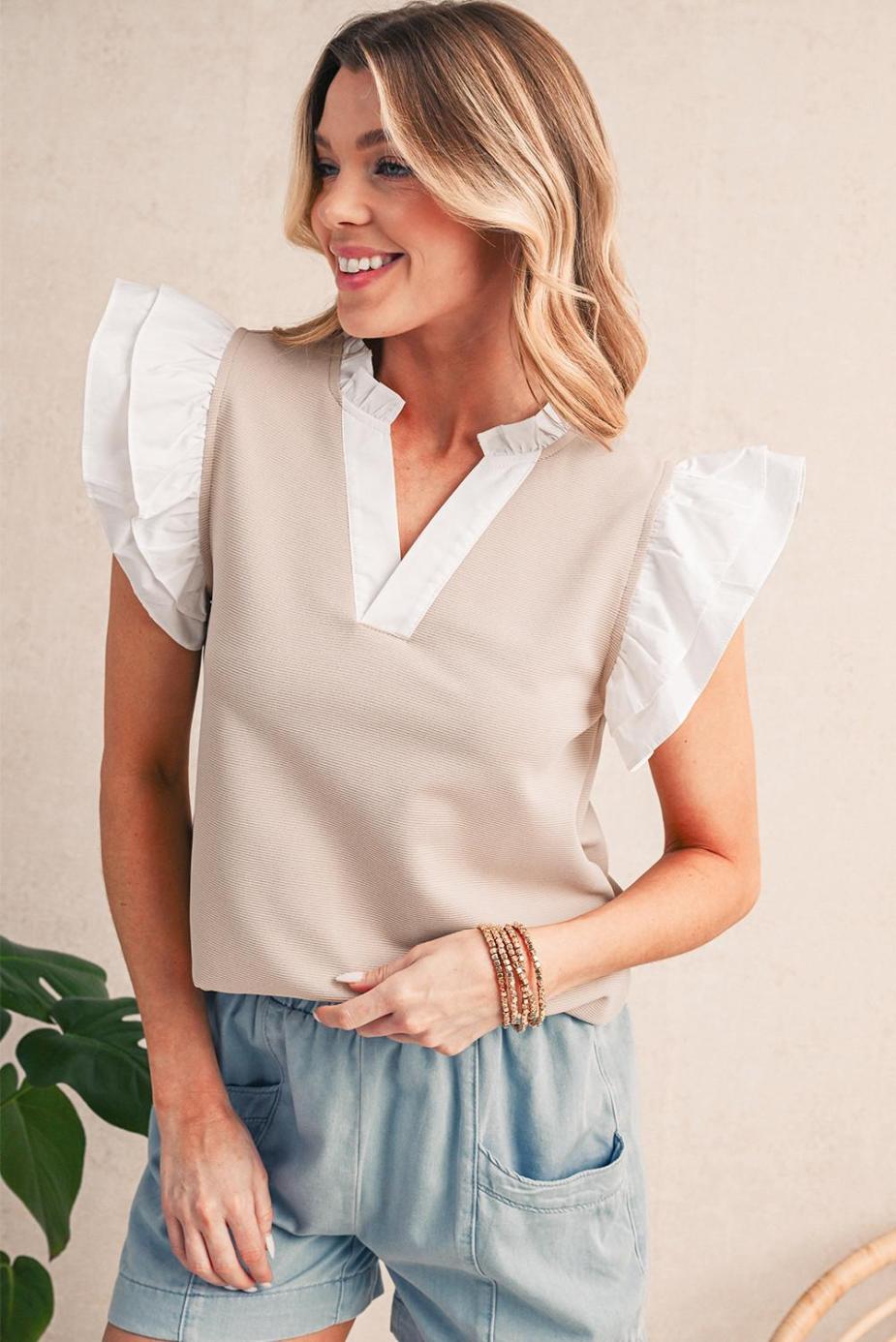 Sleeveless Tops | Pale Khaki Frill V Neck Ruffle Textured Top - Women