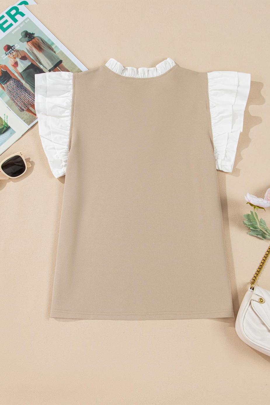 Sleeveless Tops | Pale Khaki Frill V Neck Ruffle Textured Top - Women