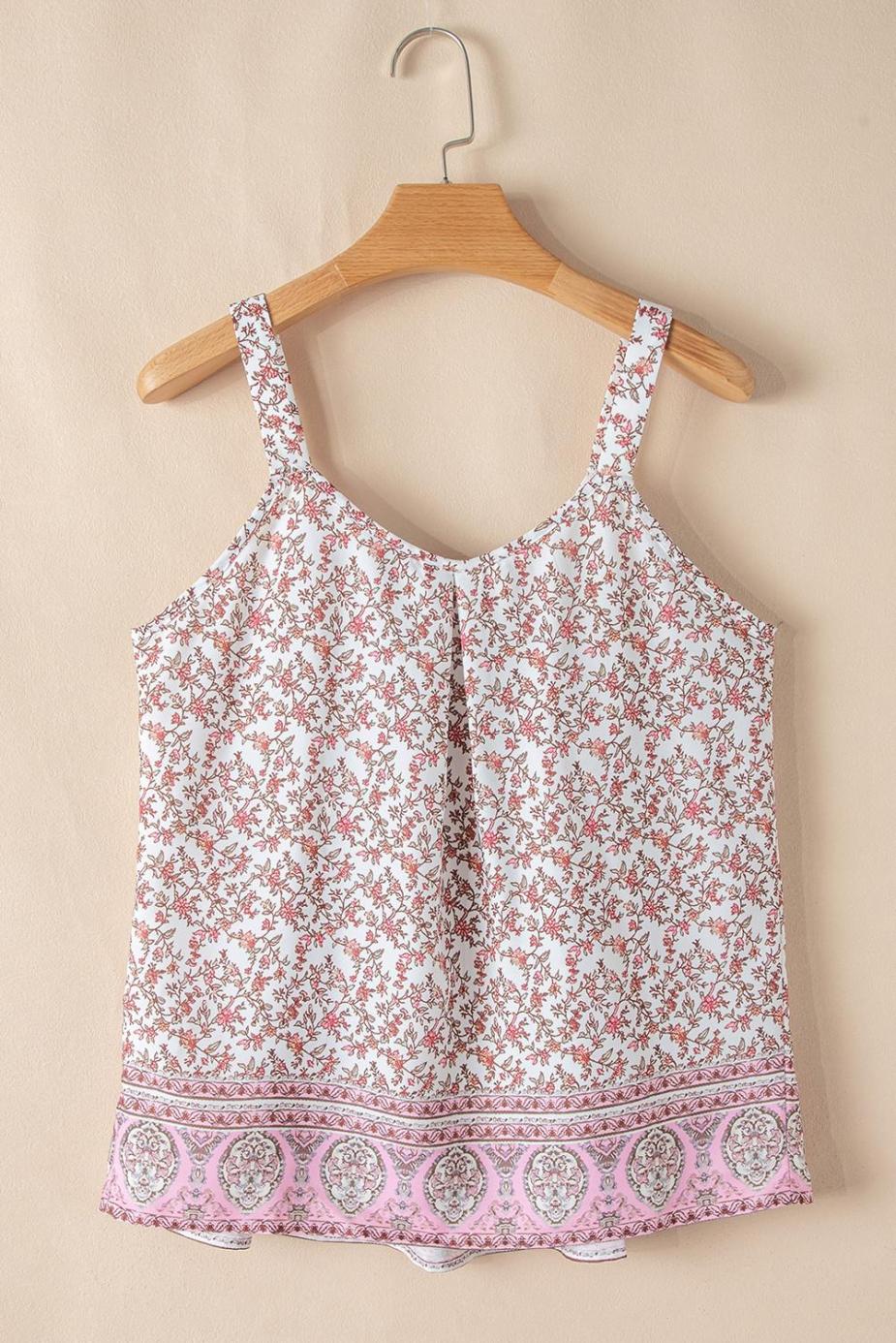Sleeveless Tops | Pink Bohemian Floral Pleated U Neck Camisole - Women