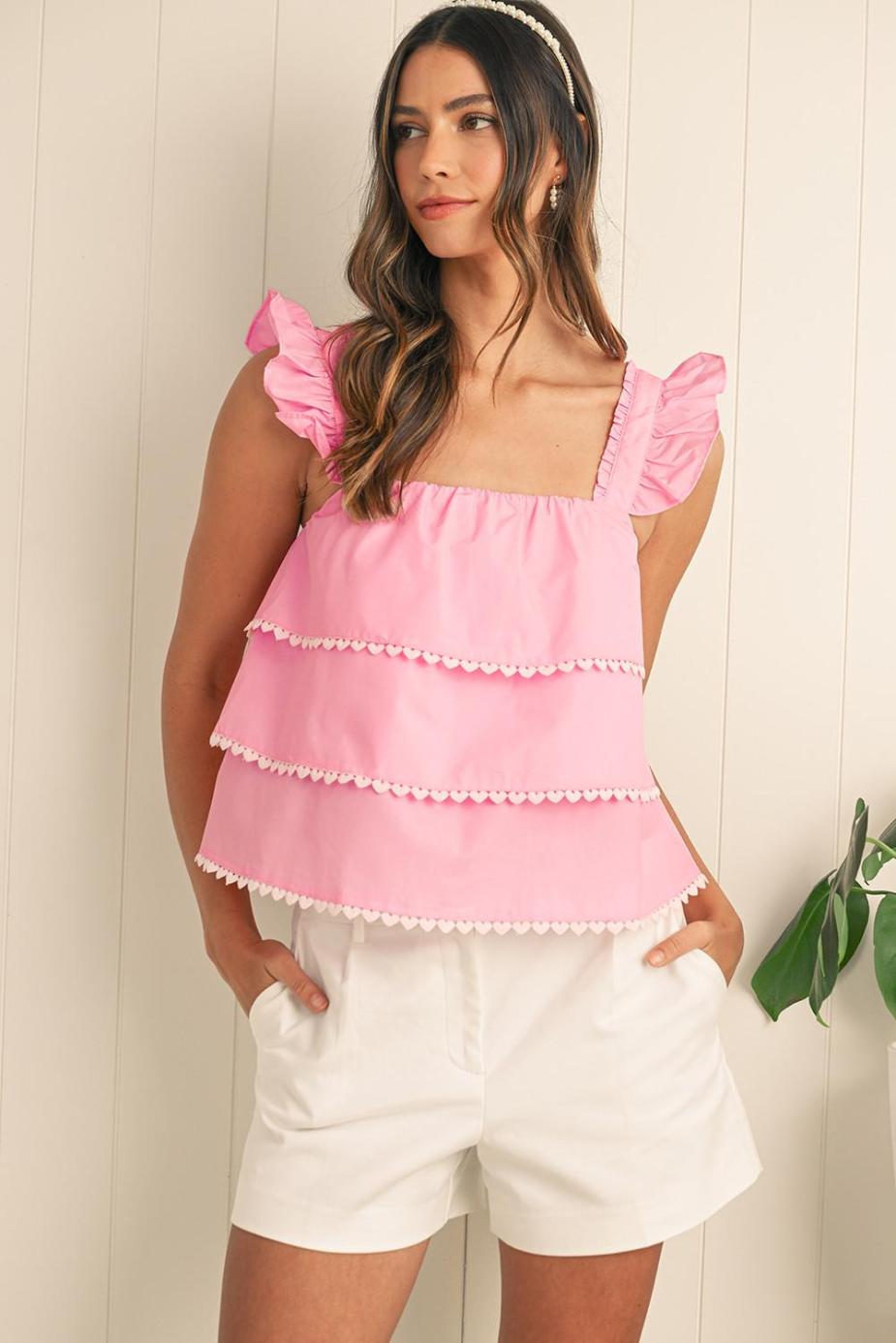 Sleeveless Tops | Pink Frill Square Neck Layered Ruffle Sleeveless Shirt - Women