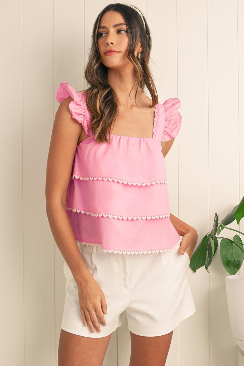 Sleeveless Tops | Pink Frill Square Neck Layered Ruffle Sleeveless Shirt - Women
