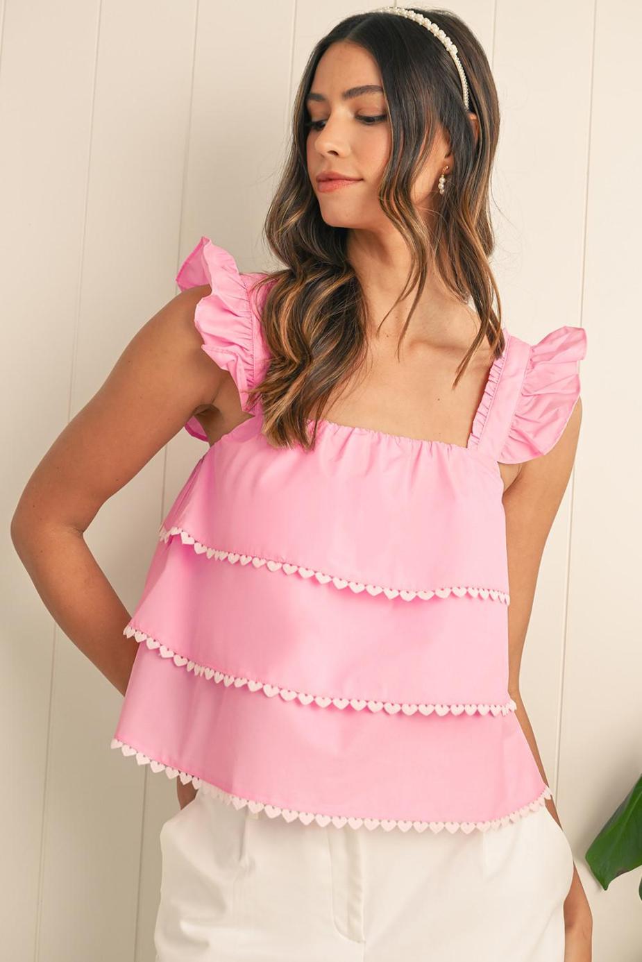 Sleeveless Tops | Pink Frill Square Neck Layered Ruffle Sleeveless Shirt - Women