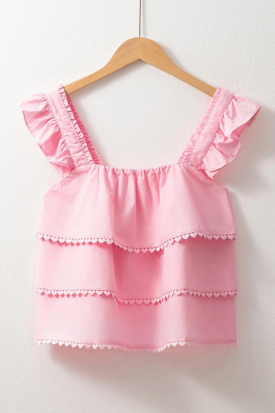 Sleeveless Tops | Pink Frill Square Neck Layered Ruffle Sleeveless Shirt - Women