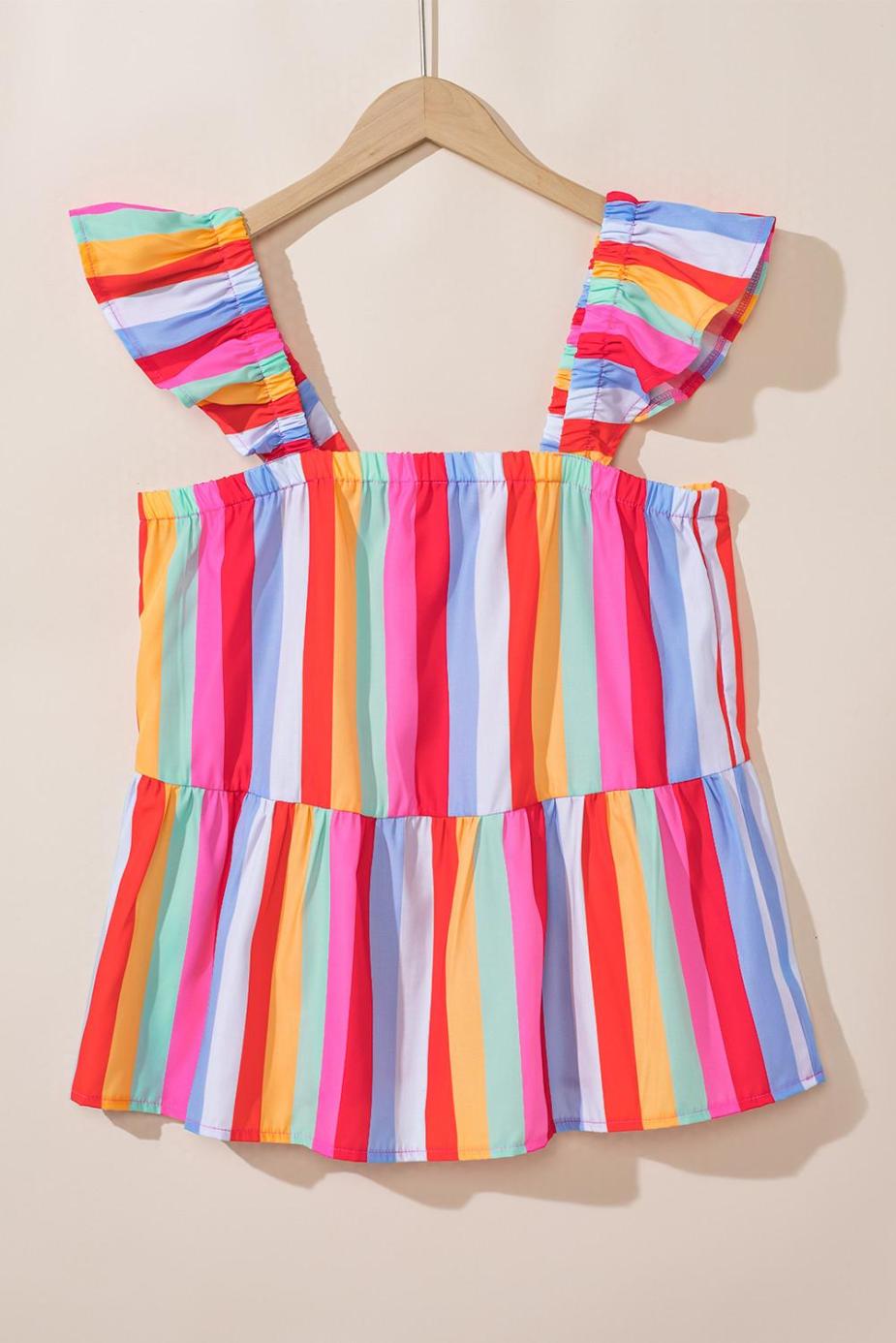 Sleeveless Tops | Red Stripe Ruffle Straps Babydoll Tank Top - Women