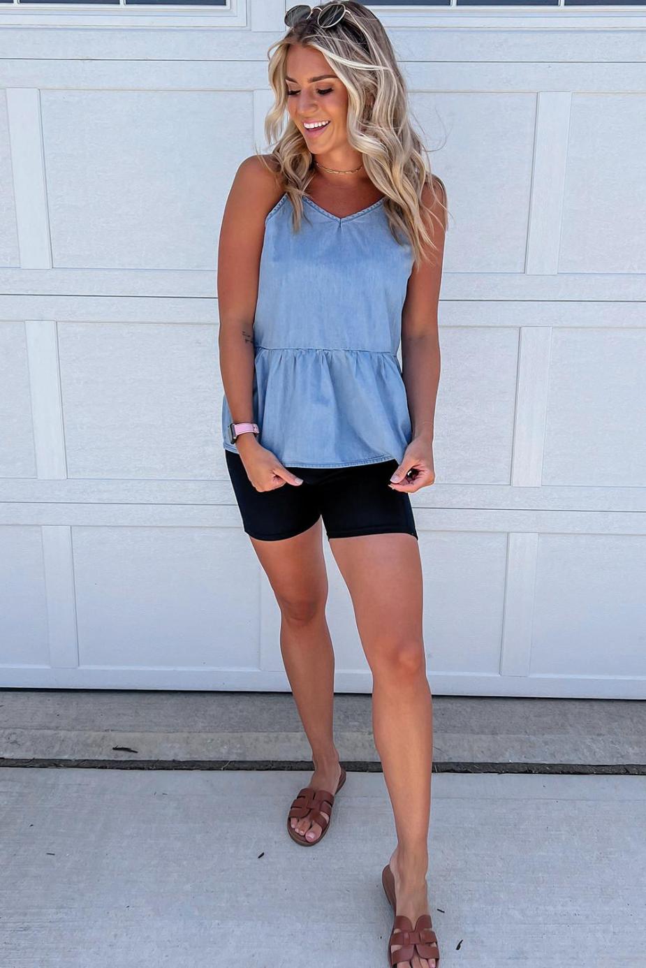 Sleeveless Tops | Sky Blue Casual Ruffle Hem Spaghetti Strap Denim Top - Women