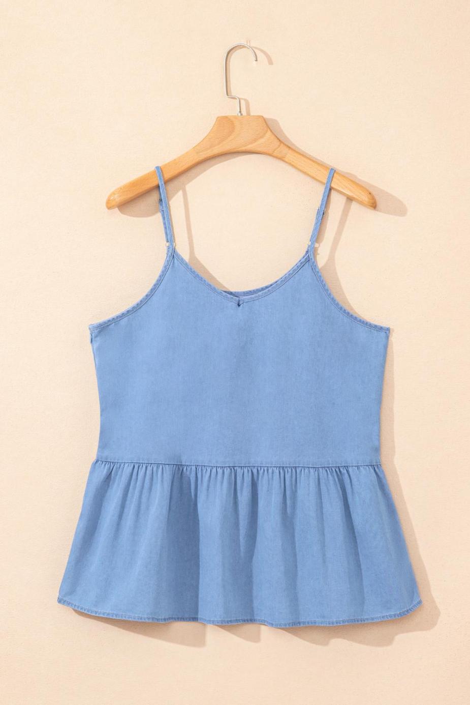 Sleeveless Tops | Sky Blue Casual Ruffle Hem Spaghetti Strap Denim Top - Women
