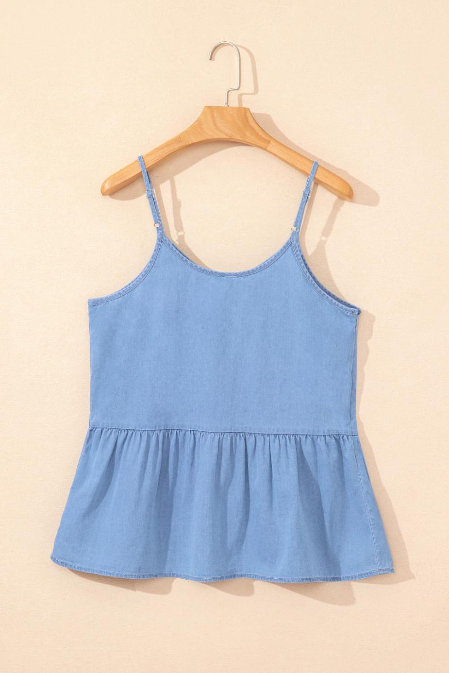 Sleeveless Tops | Sky Blue Casual Ruffle Hem Spaghetti Strap Denim Top - Women