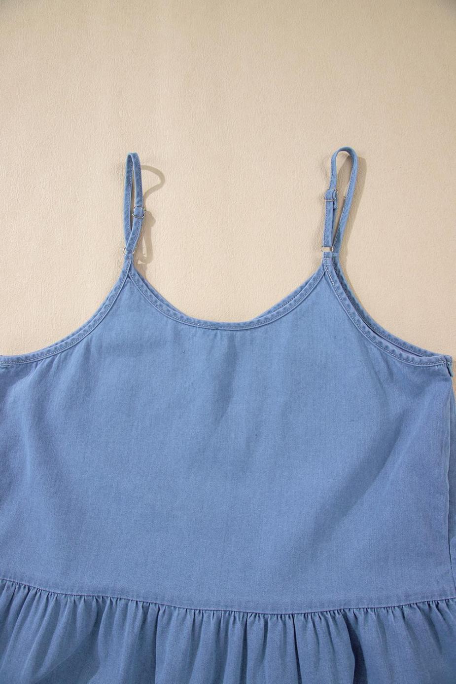 Sleeveless Tops | Sky Blue Casual Ruffle Hem Spaghetti Strap Denim Top - Women