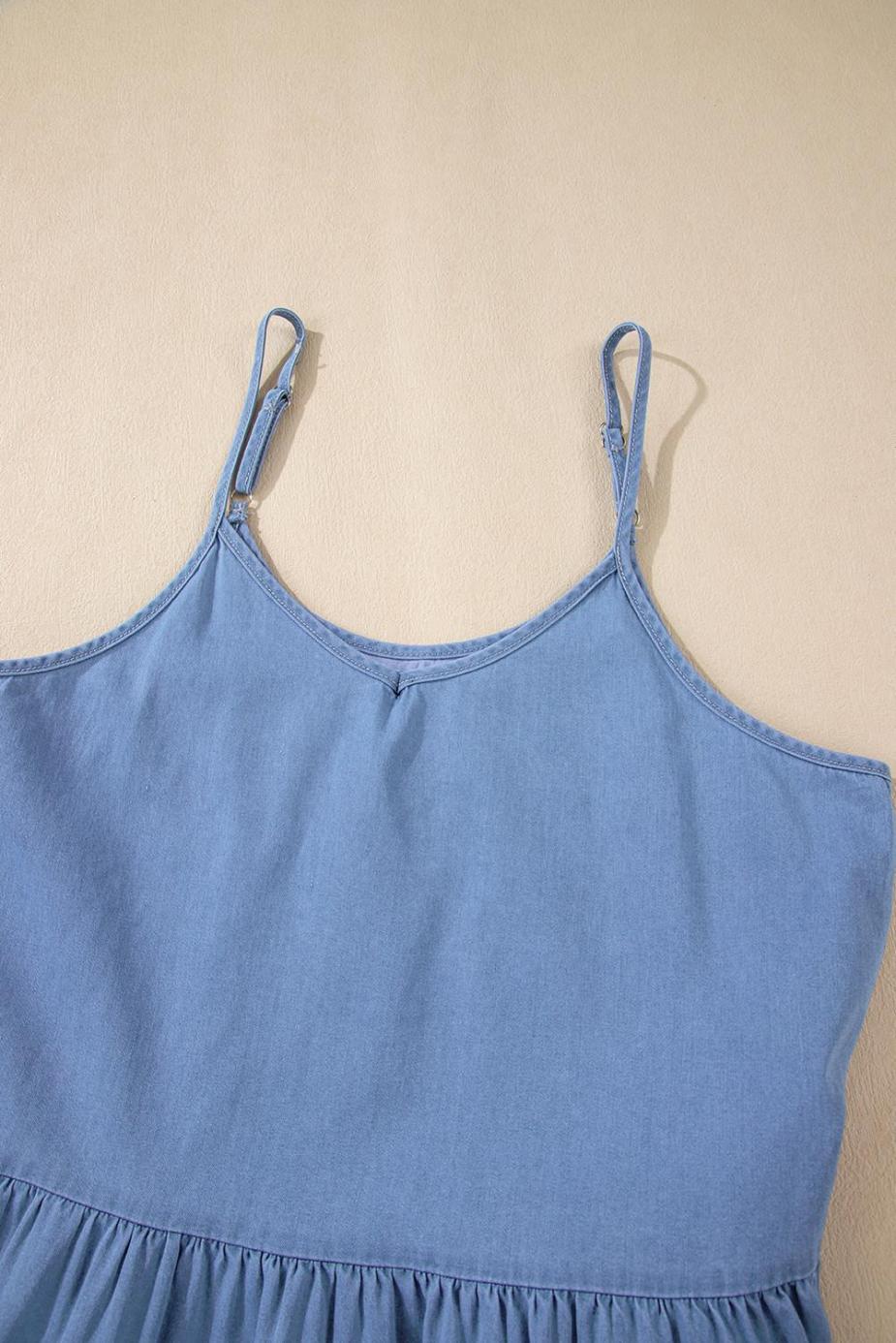 Sleeveless Tops | Sky Blue Casual Ruffle Hem Spaghetti Strap Denim Top - Women