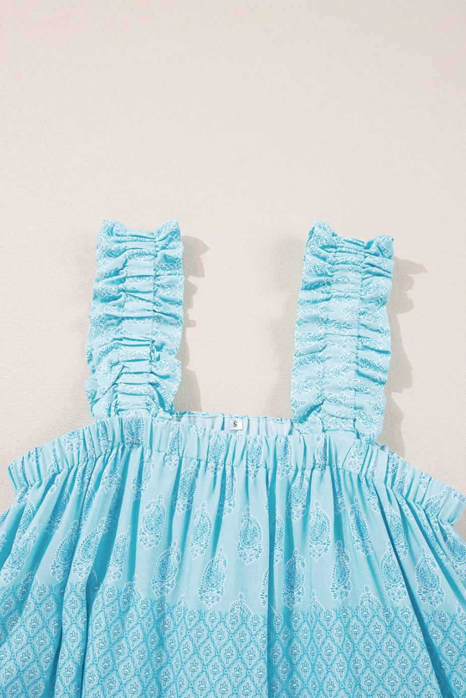 Sleeveless Tops | Sky Blue Floral Print Ruffled Wide Strap Loose Top - Women