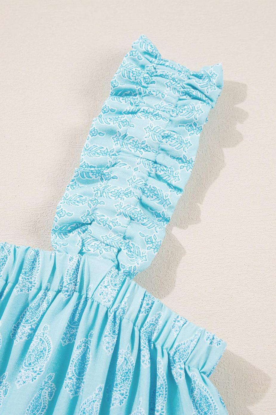 Sleeveless Tops | Sky Blue Floral Print Ruffled Wide Strap Loose Top - Women