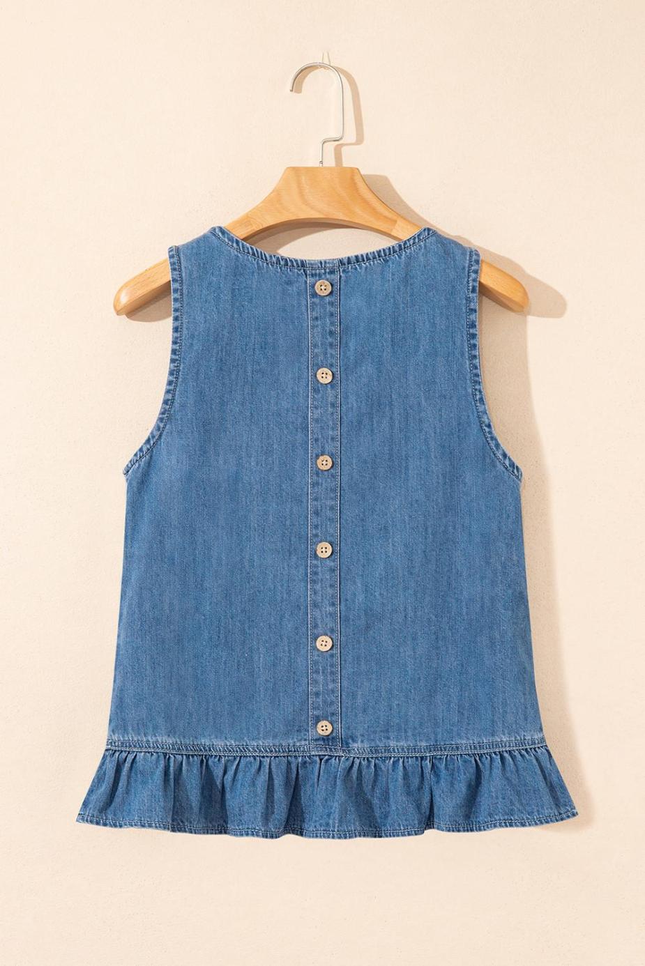 Sleeveless Tops | Sky Blue Ruffle Hem Button Back Sleeveless Denim Top - Women