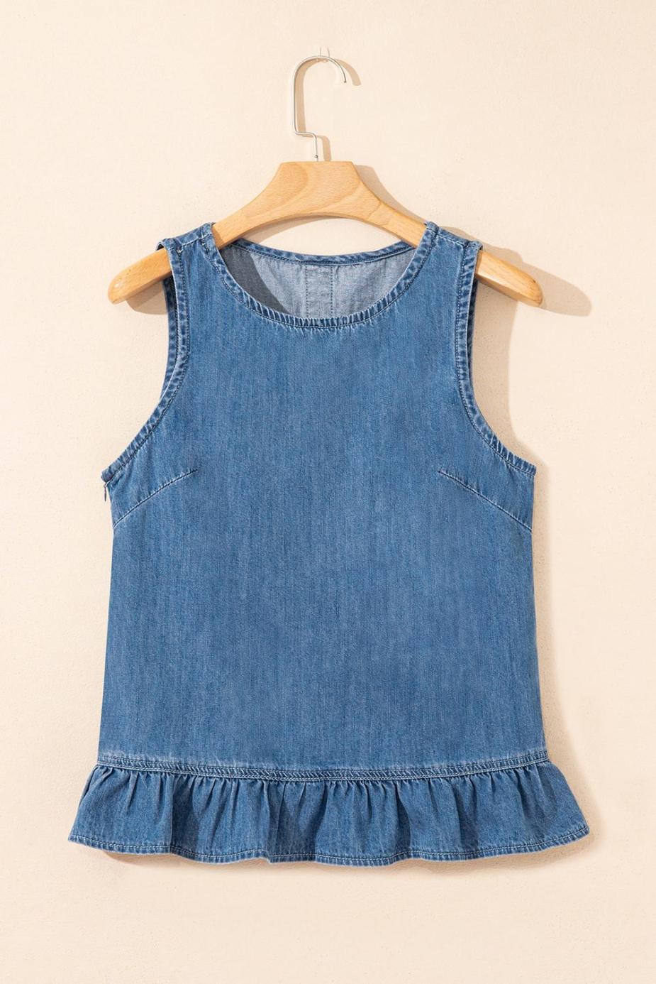 Sleeveless Tops | Sky Blue Ruffle Hem Button Back Sleeveless Denim Top - Women