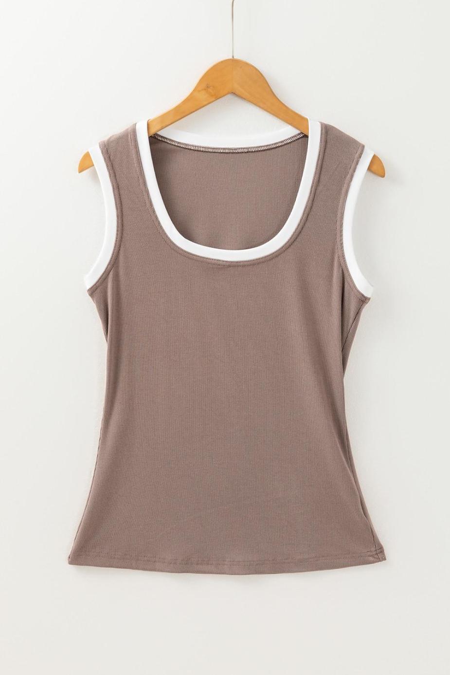 Sleeveless Tops | Smoke Gray Ribbed Knit Contrast Edge U Neck Slim Fit Tank Top - Women