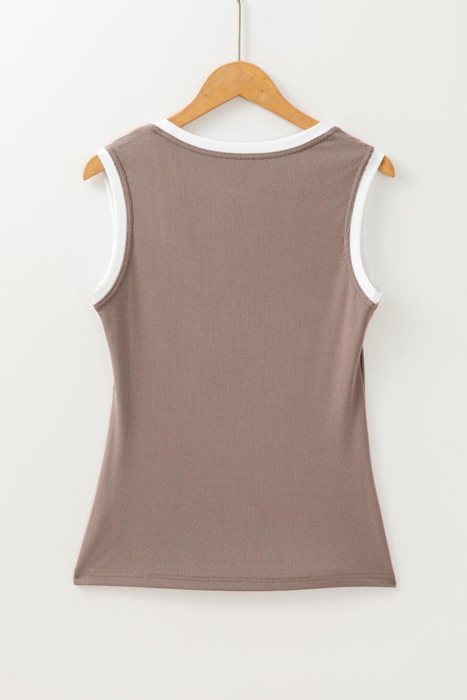 Sleeveless Tops | Smoke Gray Ribbed Knit Contrast Edge U Neck Slim Fit Tank Top - Women