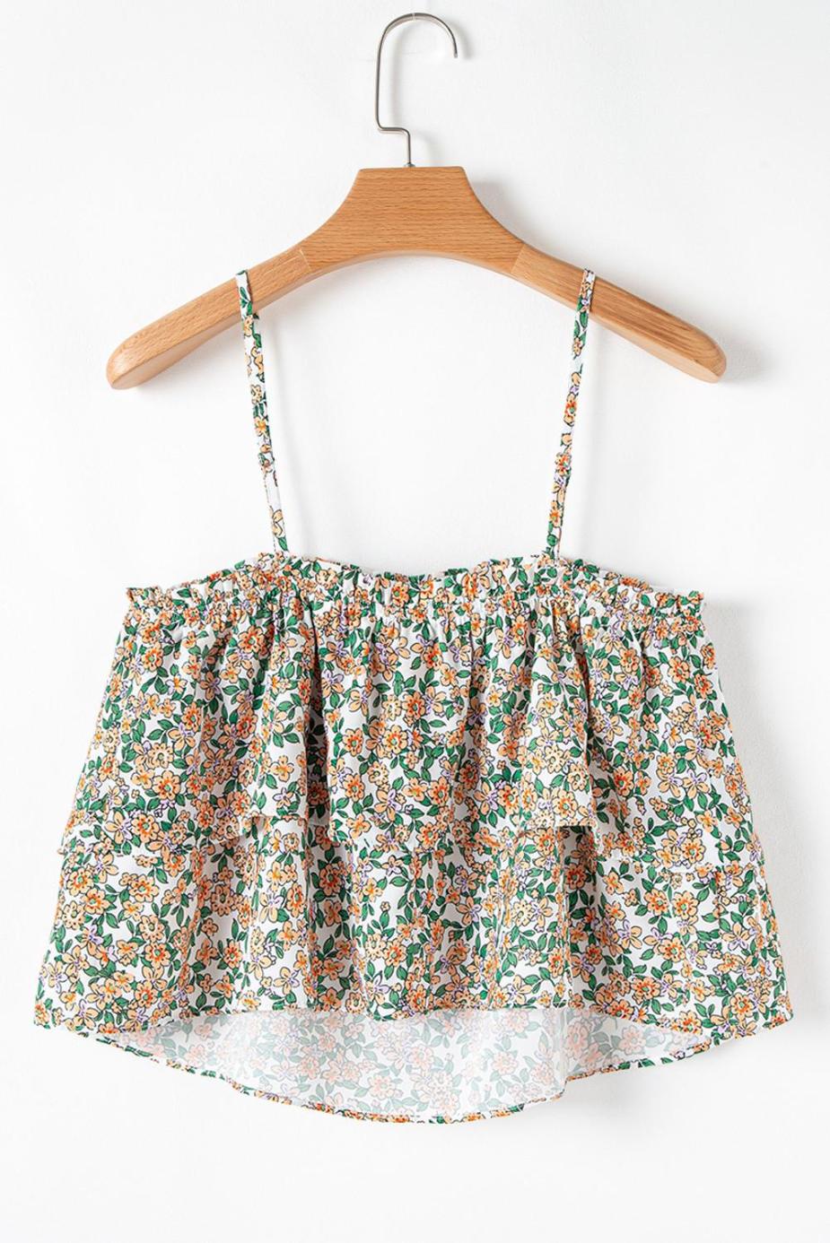 Sleeveless Tops | White Boho Floral Spaghetti Strap Ruffle Summer Cami Top - Women