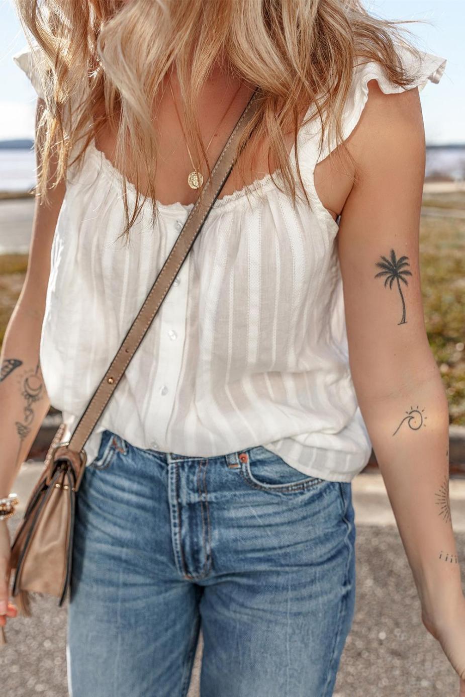 Sleeveless Tops | White Lace Trim Button Ruffle Strap Top - Women