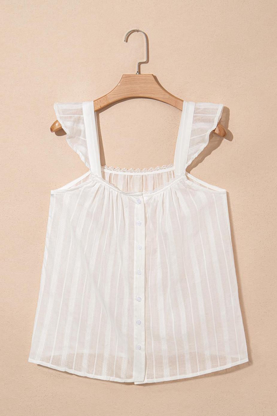 Sleeveless Tops | White Lace Trim Button Ruffle Strap Top - Women