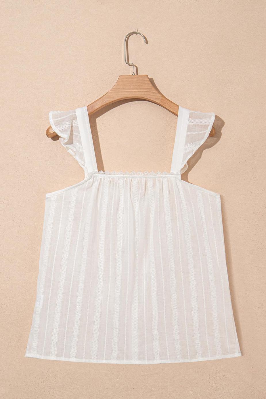 Sleeveless Tops | White Lace Trim Button Ruffle Strap Top - Women