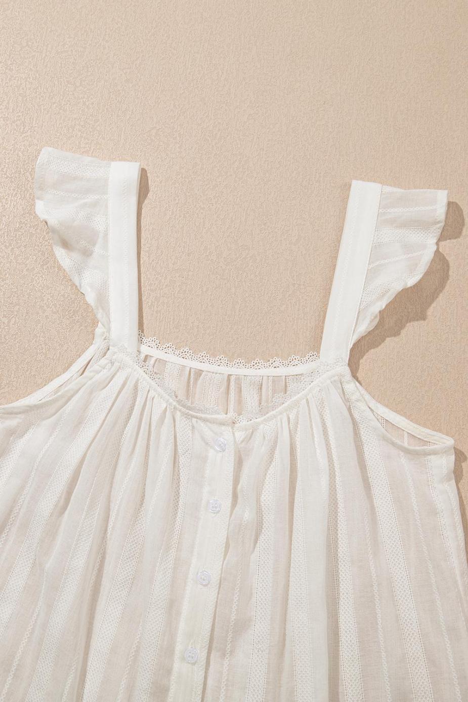 Sleeveless Tops | White Lace Trim Button Ruffle Strap Top - Women
