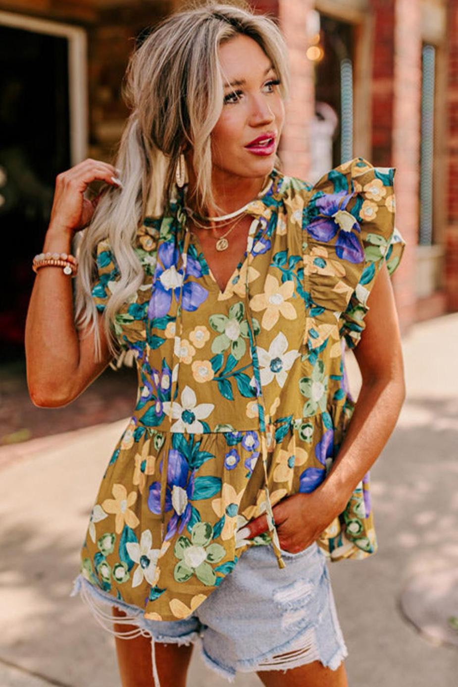 Sleeveless Tops | Yellow Floral Print Tie V Neck Ruffle Top - Women
