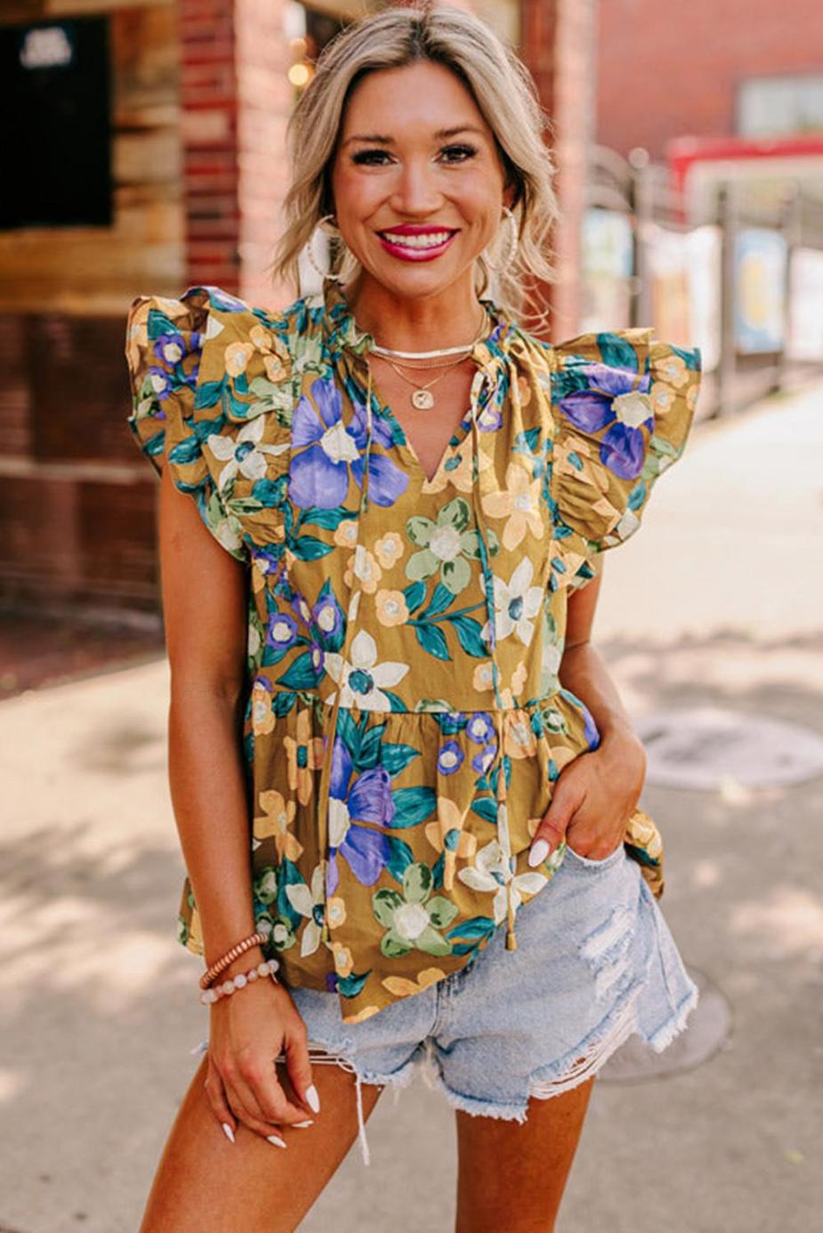 Sleeveless Tops | Yellow Floral Print Tie V Neck Ruffle Top - Women