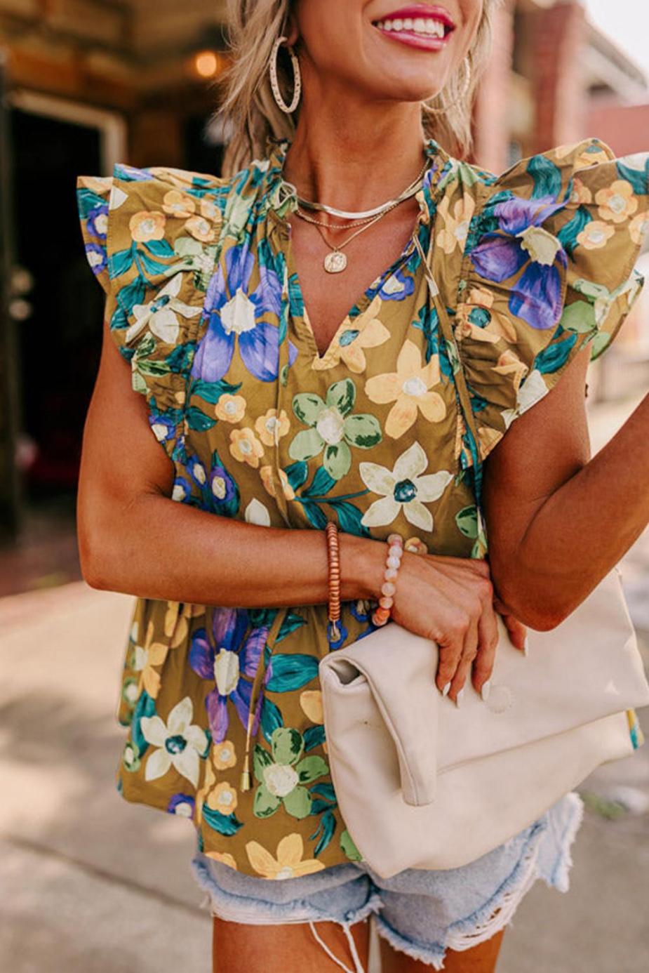 Sleeveless Tops | Yellow Floral Print Tie V Neck Ruffle Top - Women