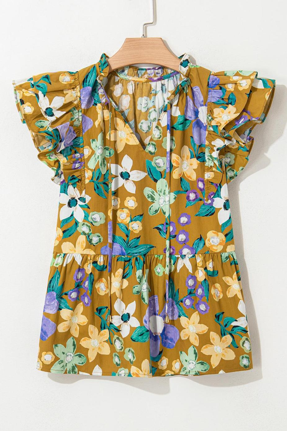 Sleeveless Tops | Yellow Floral Print Tie V Neck Ruffle Top - Women