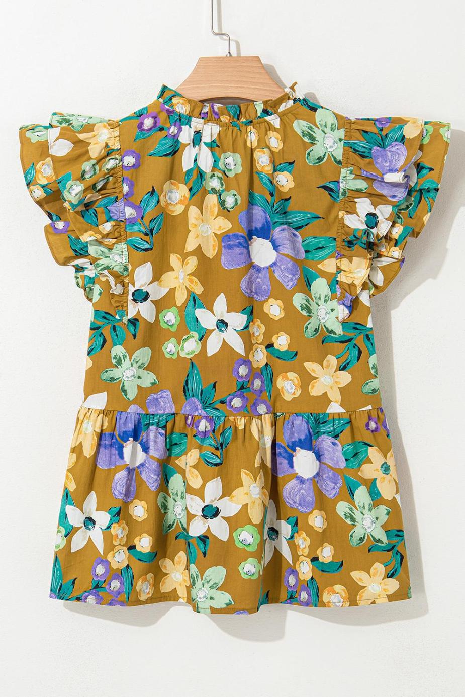 Sleeveless Tops | Yellow Floral Print Tie V Neck Ruffle Top - Women