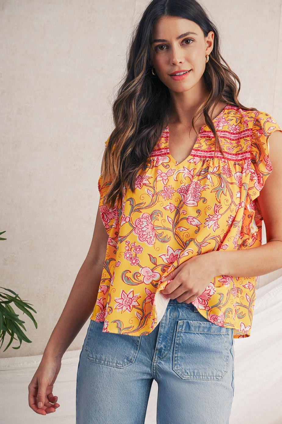 Sleeveless Tops | Yellow Floral Ruffle Shoulder V Neck Flowy Blouse - Women