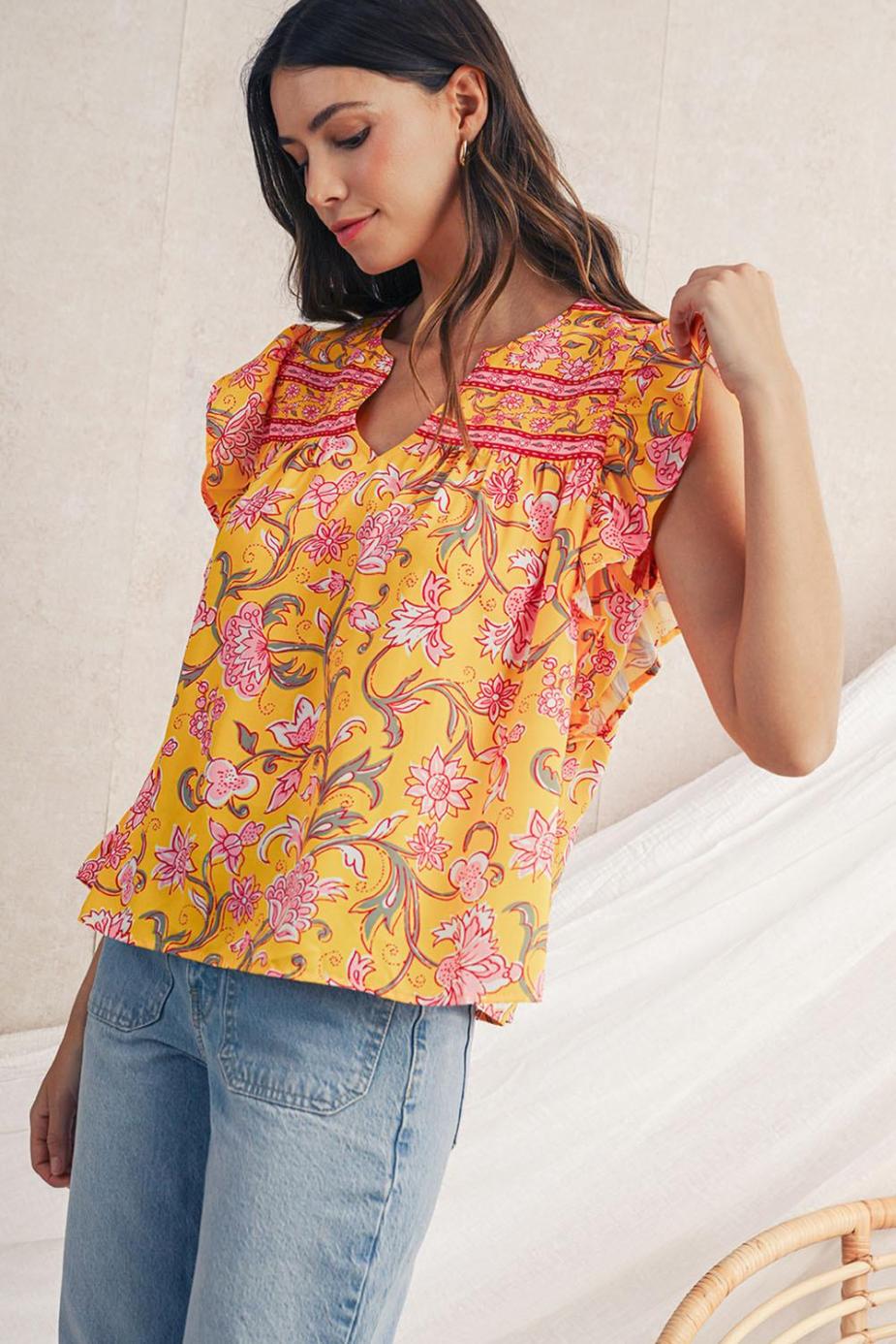 Sleeveless Tops | Yellow Floral Ruffle Shoulder V Neck Flowy Blouse - Women