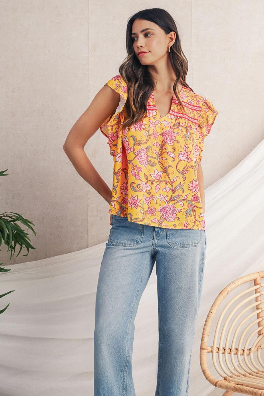 Sleeveless Tops | Yellow Floral Ruffle Shoulder V Neck Flowy Blouse - Women