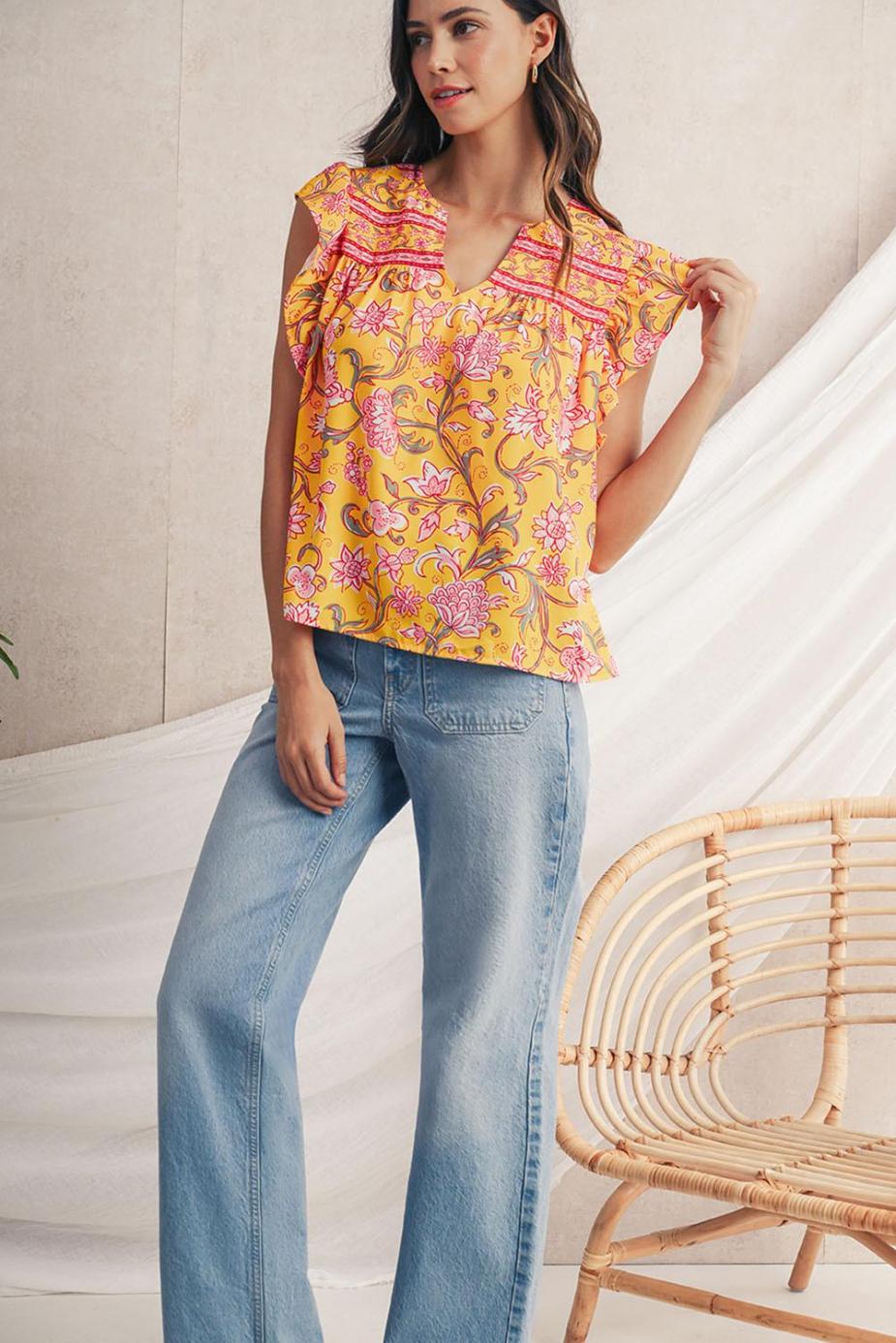 Sleeveless Tops | Yellow Floral Ruffle Shoulder V Neck Flowy Blouse - Women