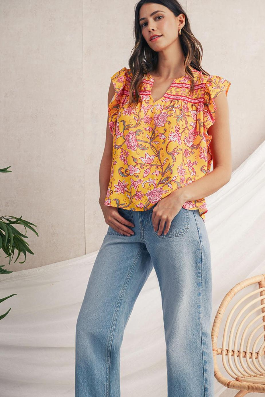 Sleeveless Tops | Yellow Floral Ruffle Shoulder V Neck Flowy Blouse - Women