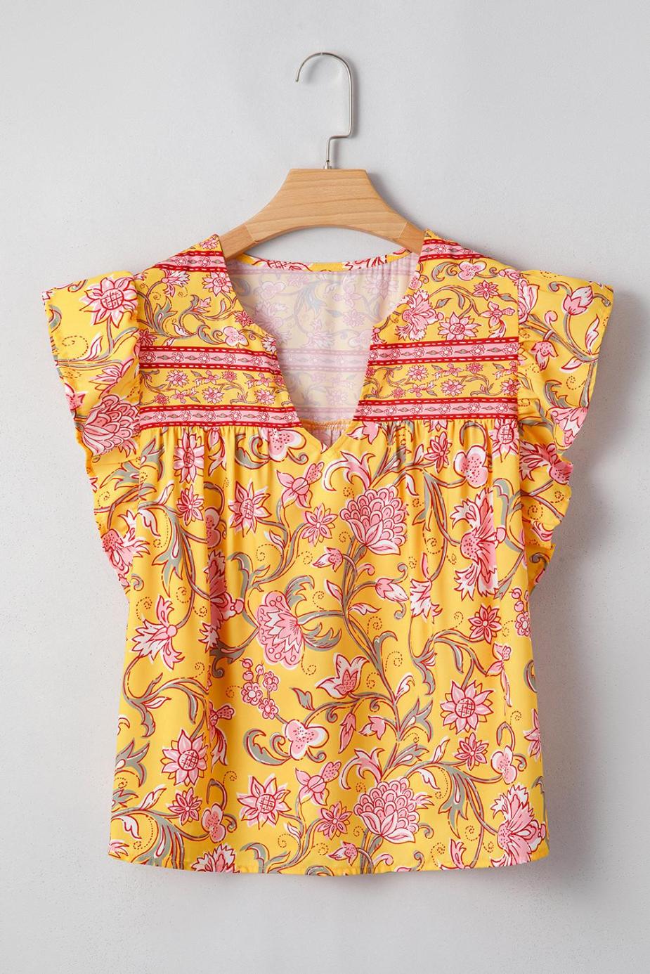 Sleeveless Tops | Yellow Floral Ruffle Shoulder V Neck Flowy Blouse - Women