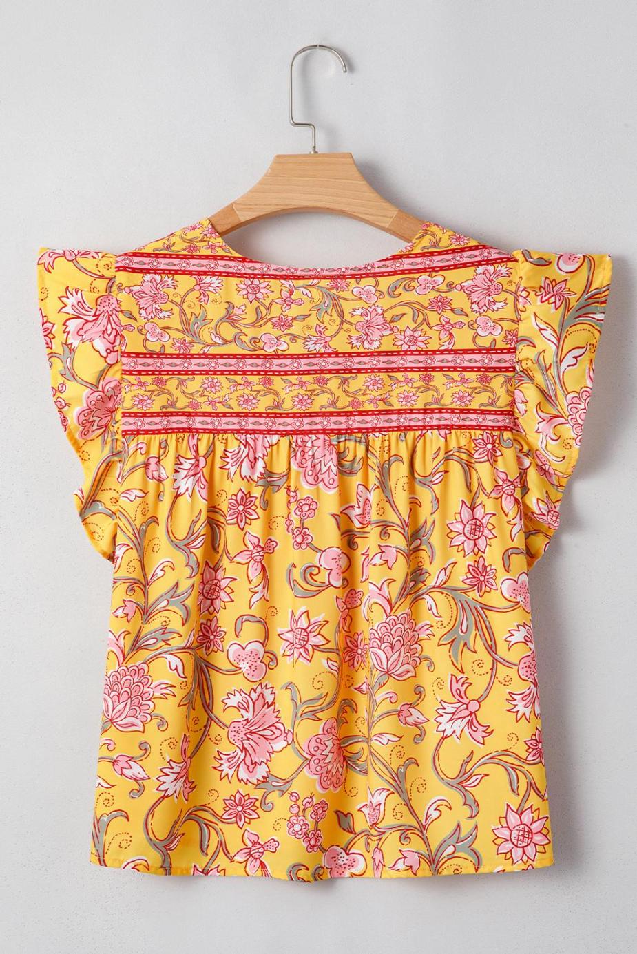 Sleeveless Tops | Yellow Floral Ruffle Shoulder V Neck Flowy Blouse - Women