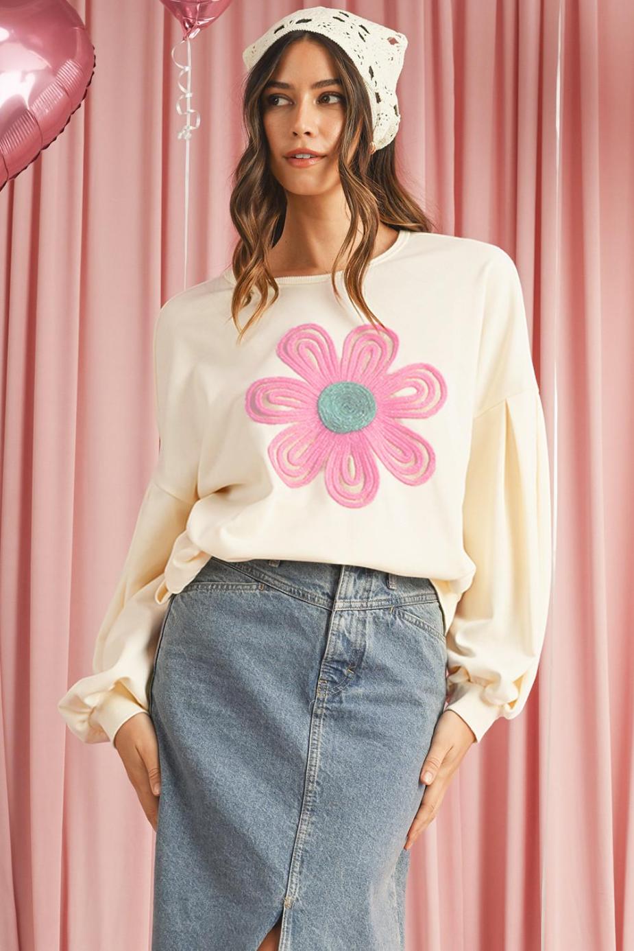 Sweatshirts & Hoodies | Beige Cute Tinsel Flower Puff Sleeve Sweatshirt - Women