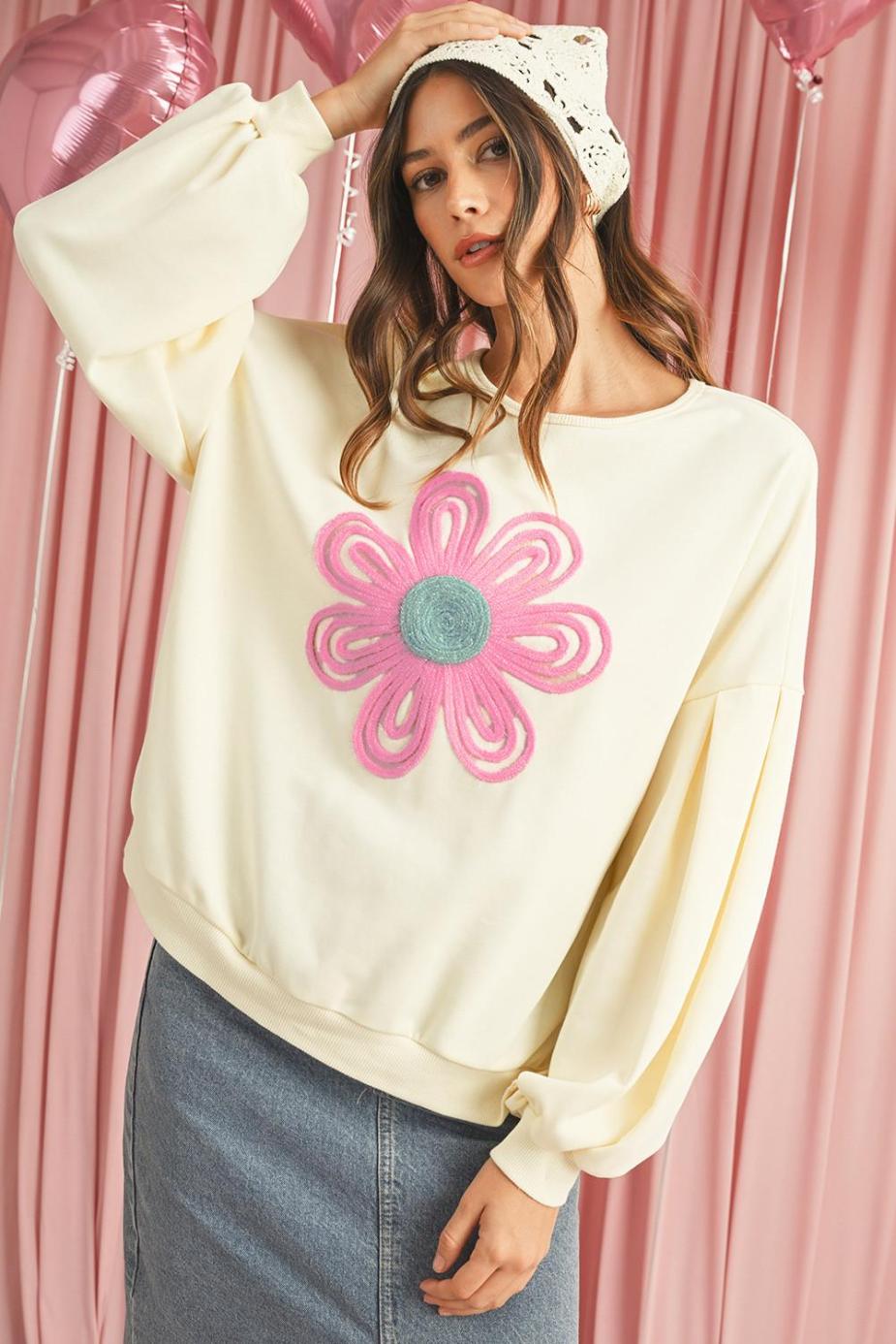 Sweatshirts & Hoodies | Beige Cute Tinsel Flower Puff Sleeve Sweatshirt - Women