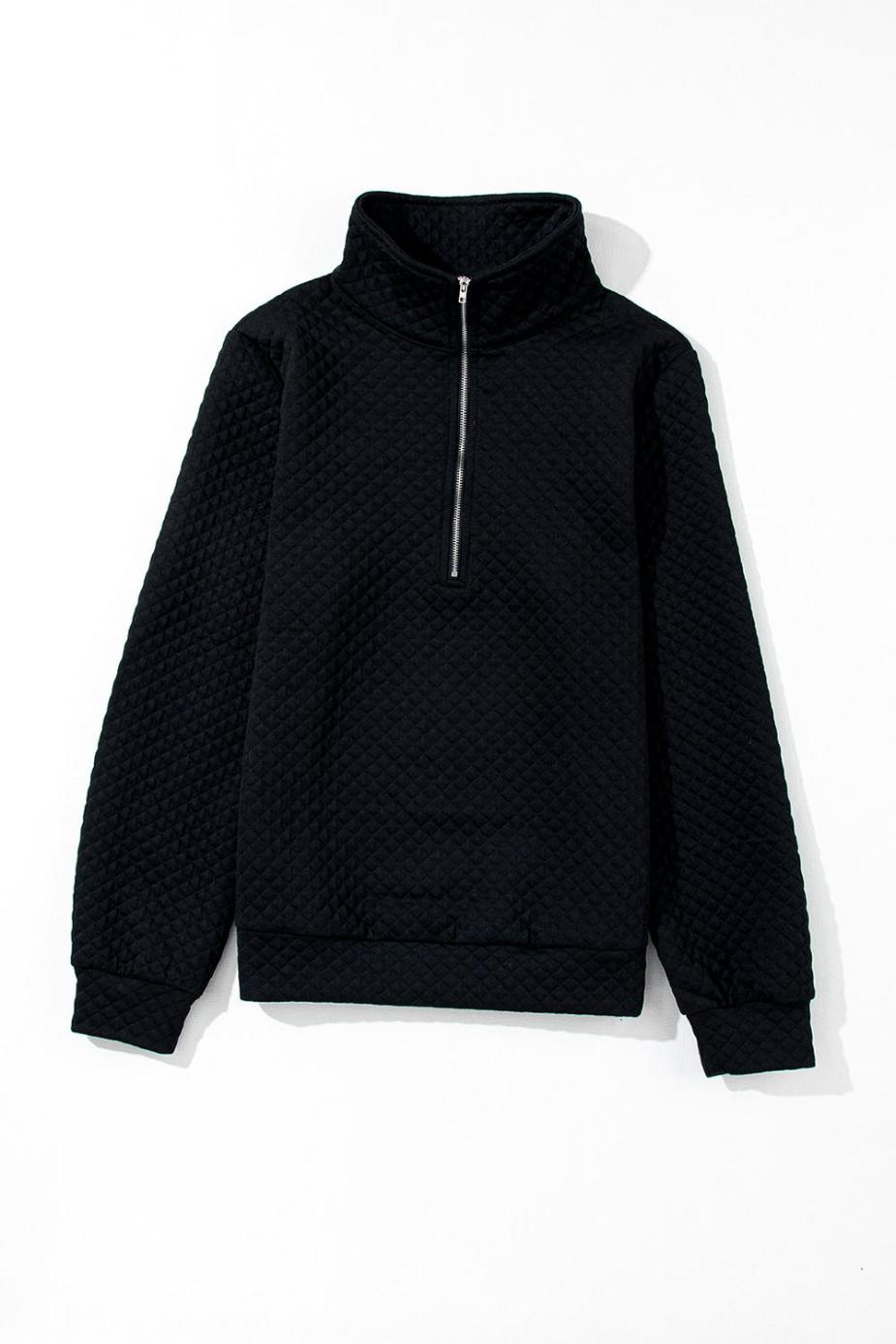 Sweatshirts & Hoodies | Black Solid Color Half Zipper Quilted Pullover Sweatshirt - Women